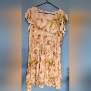 Zenana Tie-Dye Ruffle Tiered Dress - Cream, Rust 90's Y2K